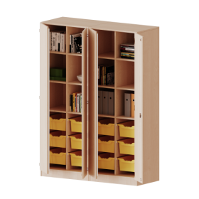 ErgoTray Schrank, zweiteilig, vierreihig, 5 Ordnerhöhen - evo180 Serie B/H/T: 140,6x190x50 cm, viertürig, zweiteilig, mit Sockel (81 mm), mit 2 Mittelwänden, mit 12 hohen ErgoTray Boxen-image