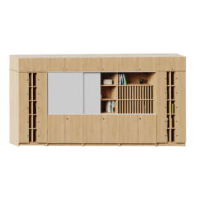 Schrankwand K01 als Beispiel-Kombination Gesamtmaße B/H/T: 460x226x50 cm, 2 Whiteboard Schiebetüren mit Schienensystem vor Schränken und Regalen der EVO-Baureihe-image