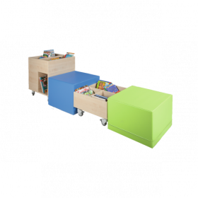 cuBe Bücherinsel "L" 4-teilig Bücherinsel "L" mit hoher und flacher Bücherkiste fahrbar und 2 Sitzhockern-image